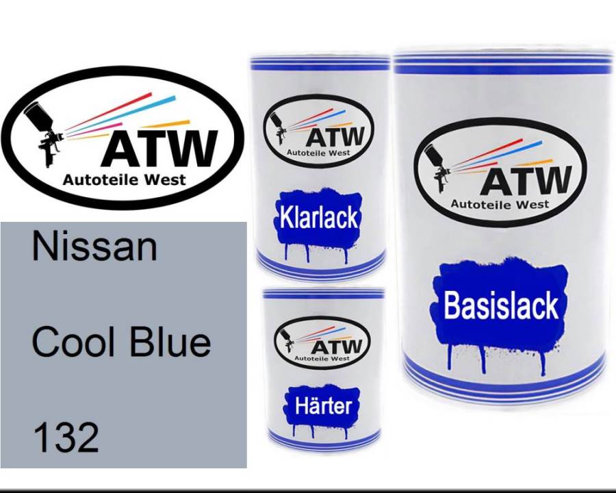Nissan, Cool Blue, 132: 500ml Lackdose + 500ml Klarlack + 250ml Härter - Set, von ATW Autoteile West.